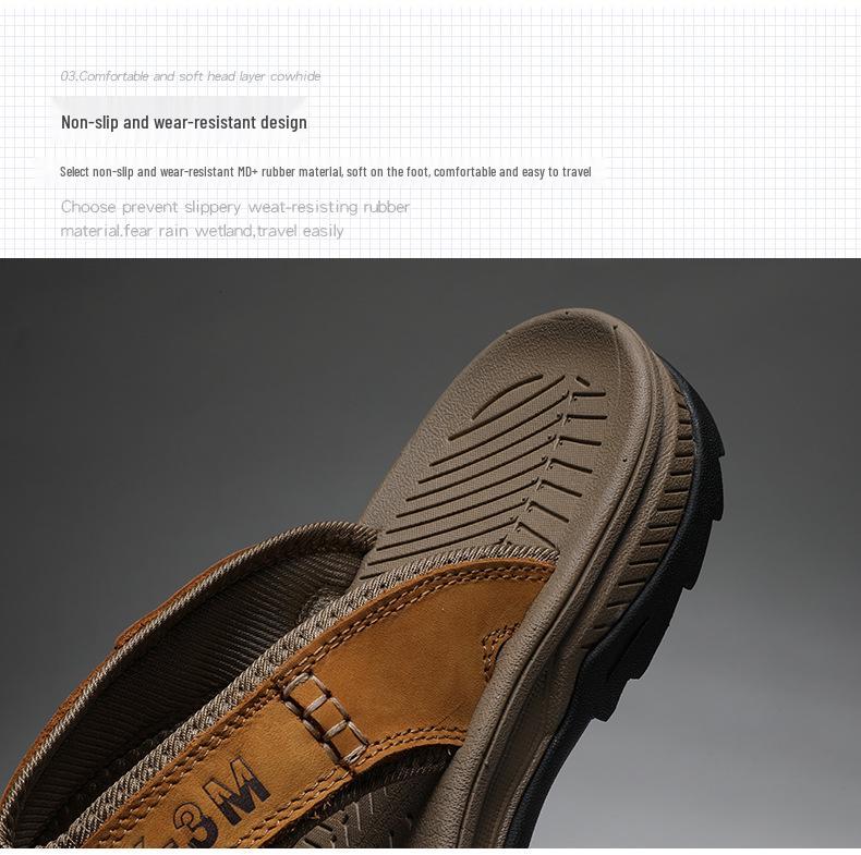 2025 Men's Plus Size Cowhide Toe-Loop Flip-Flops: Lightweight Retro Beach & Casual Thick Sole Sandals