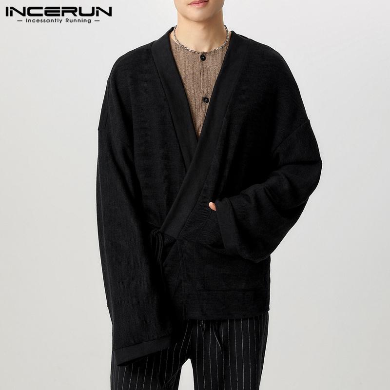 INCERUN Oversized Men Drop Shoulder Long Sleeve Bandage Ribbed Cardigan Baggy Kimono Tops