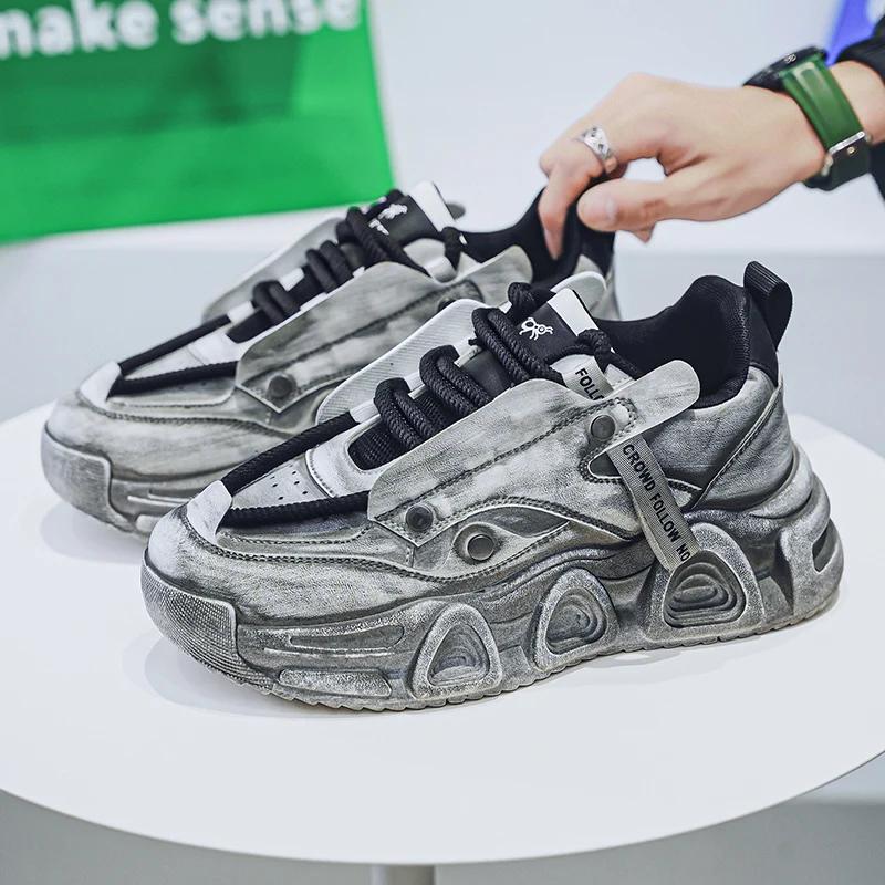 Chunky Sneaker Men Designer Distressed Sport Shoes Fashion Casual Leather Fabric Breathable Height Increased Flat Platform Shoes