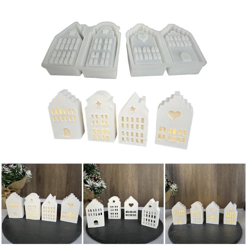 Tealight Holder Mould Flexible Silicone Mold for 4 Grid House Shaped Atmosphere Light Gypsum Home Decoration Mold