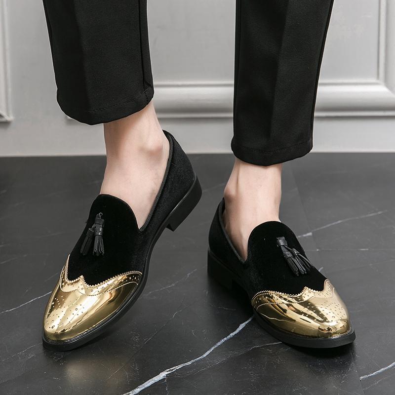 New Pointed Velvet Tassels Patchwork Oxford Leather Shoes For Men Luxury Designer Formal Wedding Prom Dress Homecoming Footwear