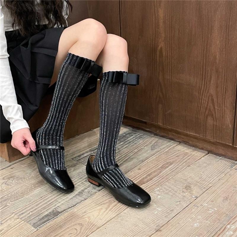 Delicate Women Girls Lace Calf Socks Spring Summer Calf Socks Under Knee Stocking Antiskid Bowknot Decor Knee Sock