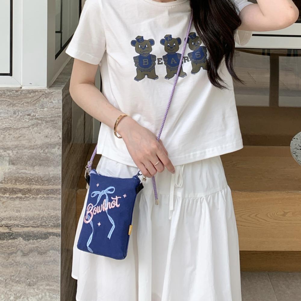 

Sweet Y2K Mobile Phone Bag Zipper Crossbody Phone Bag Bowknot Embroidery Shoulder Bag Girls