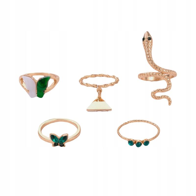 Set mit 5 goldenen Ringen im Retro-Punk-Vintage-Stil mit Schlangen- und Schmetterlingsmotiven (grün)