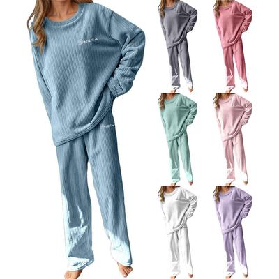 Women Set Long Sleeve Lounging Warm Fleece Sleepwear Winter High Elastic Crewneck Loungewear Sets