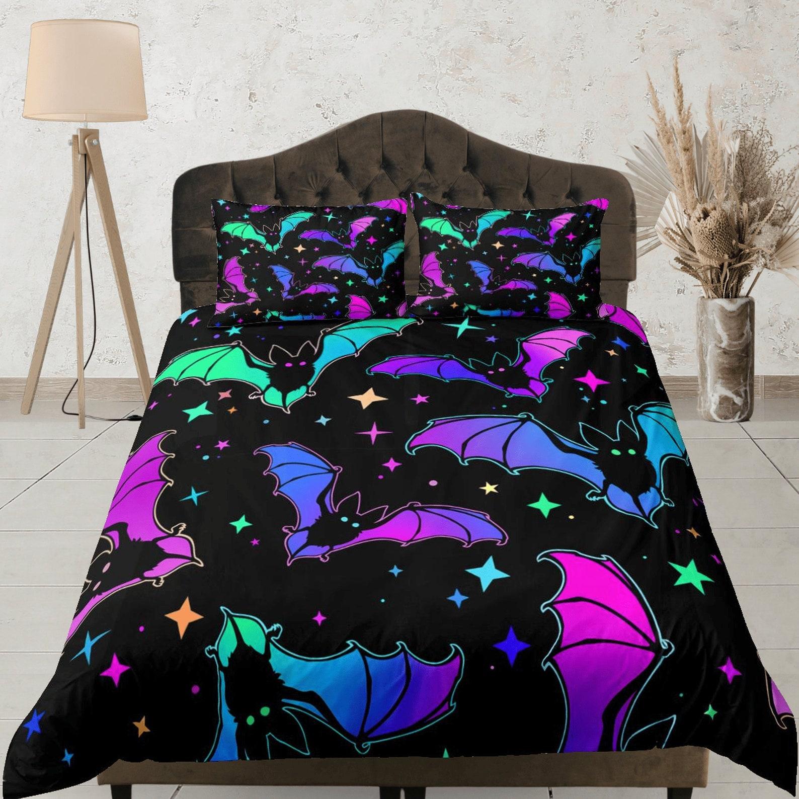 

Neon Bats Duvet Cover Set, Gothic Halloween Bedroom Set, Trippy Bat Quilt Cover, Multicolor Bedspread, Custom Bedding set, Beautiful bed set 135x200cm