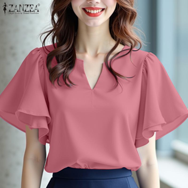 ZANZEA Women Casual V-Neck Ruffles Short Sleeve Loose Blouse