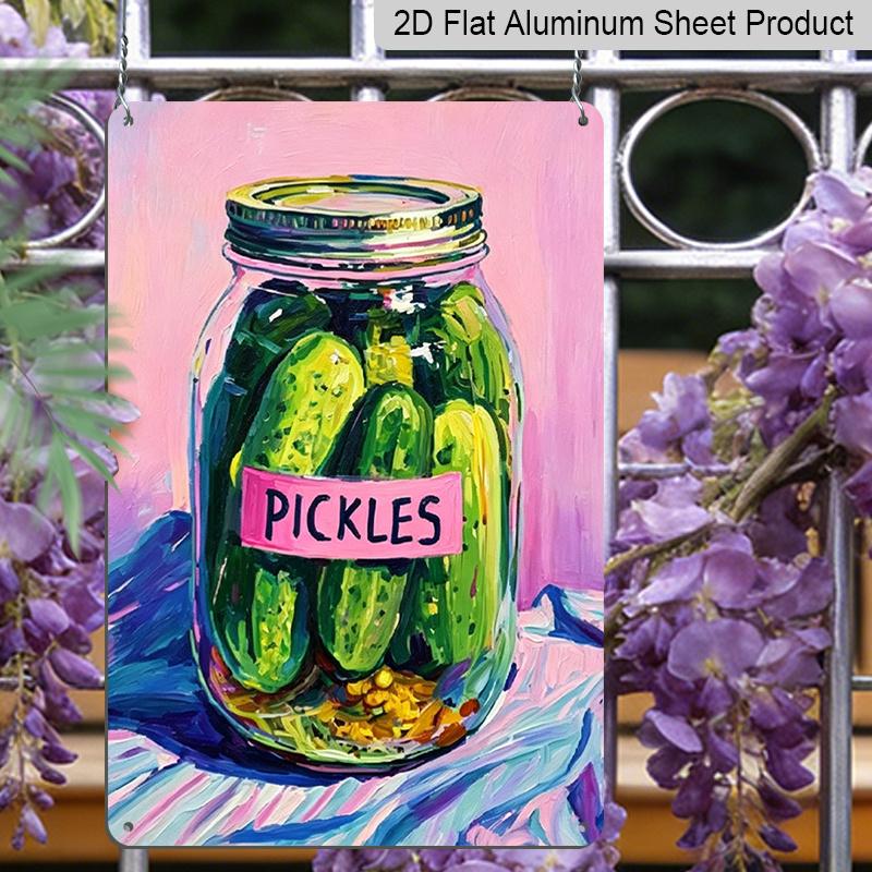 2D Flat Pickle Jar Aluminum Sign | 8x12 Inch Decorative Plaque, Horizontal Aesthetic Poster for Living Room, Bedroom, Pantry - Easy To Hang