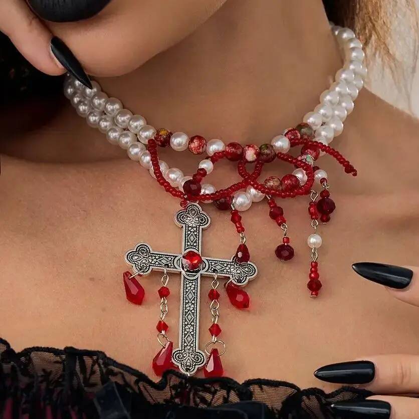 Salircon Goth Imitation Pearl Red Crystal Blood Drop Tassel Necklace Women Exaggerated Big Cross Pendant Chain Halloween Jewelry