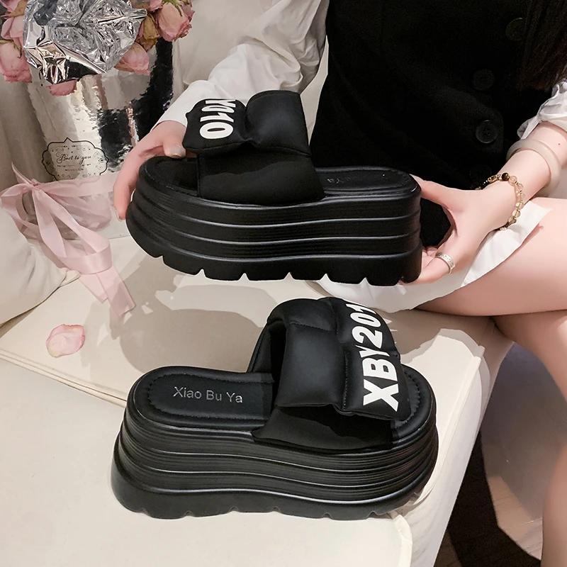 Fashion 8CM Slippers Women Fashion Platform Wedges Ladies Shoes High Chunky Slides Woman 2025 Summer Outdoor Beach Shoes Flat Sandals