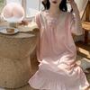 2026 Summer Women's Woven Cotton Nightgown with Bra Pads - Princess Style Short-Sleeve Long Dress