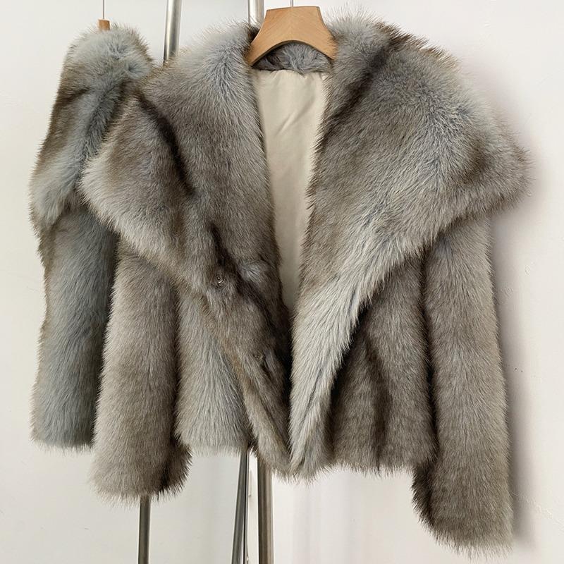 Winter-Kunstpelzmantel Damen Kunstfuchsfell Kurz Mode Gestreifter Reversmantel