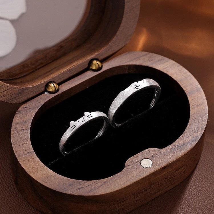 Sterling Silver Cat & Puppy Couple Rings: Cute, Simple Design for Students