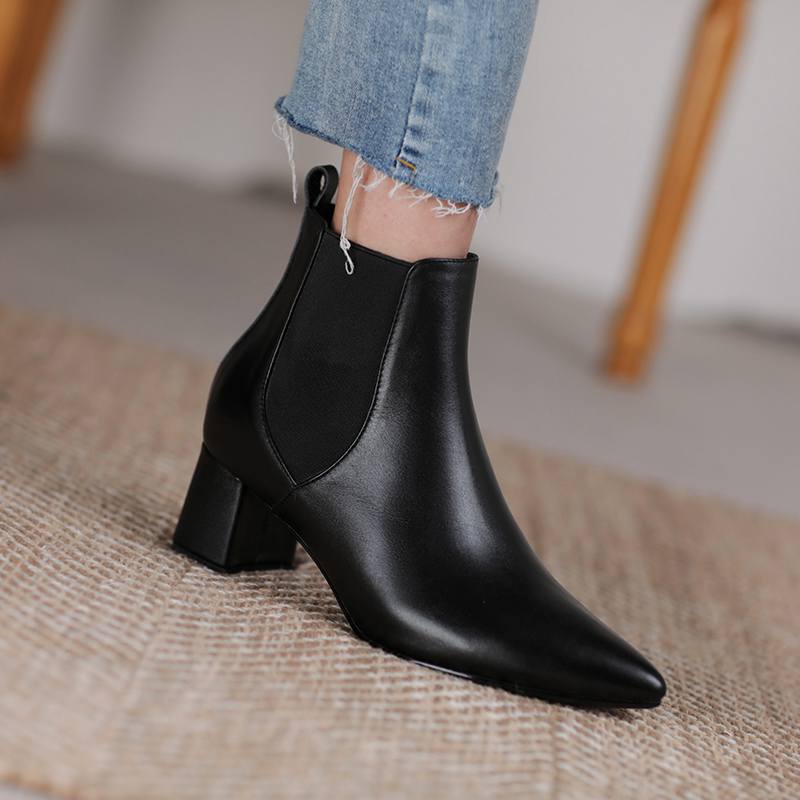 Krazing Pot Kravská kůže Zimní Špičaté špičky Silné střední podpatky Chelsea boty Dámské Nazouvací Velká velikost Retro Stručný styl Kotníkové boty