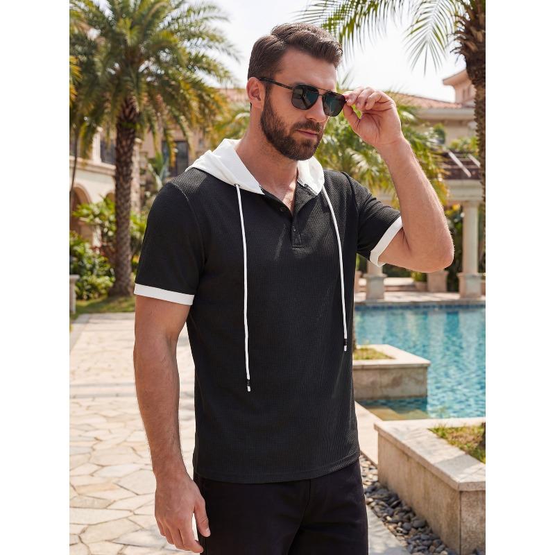Men's Waffle Knit Color Block Hooded Drawstring Button Short Sleeve T-Shirt.