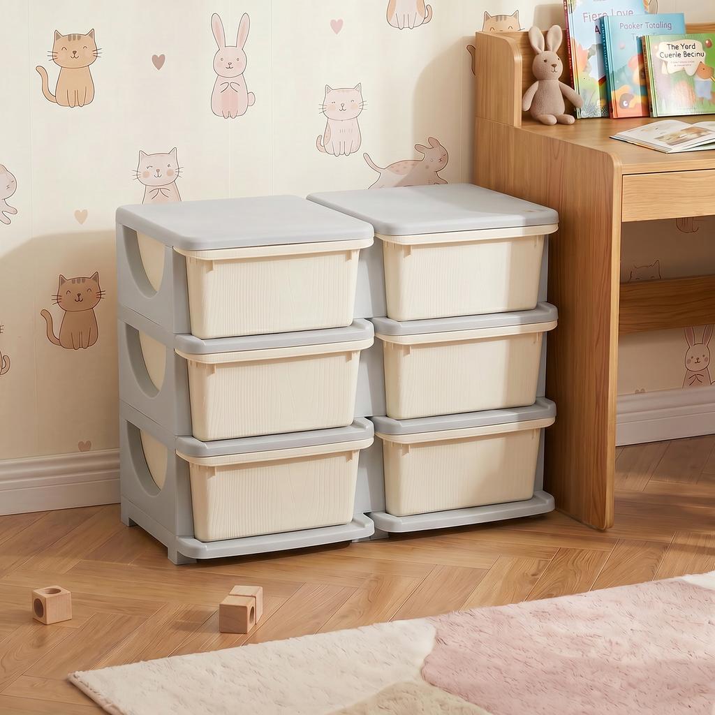 3-Tier Children's Toy Organizer with 6 Drawers, Plastic Storage Boxes, 75x37x56.5cm, Cream