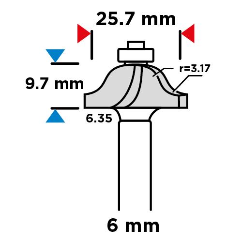 Shaped cutter with bearing, decorative, HM, 25.7 x 9.7 mm, 6 mm shank