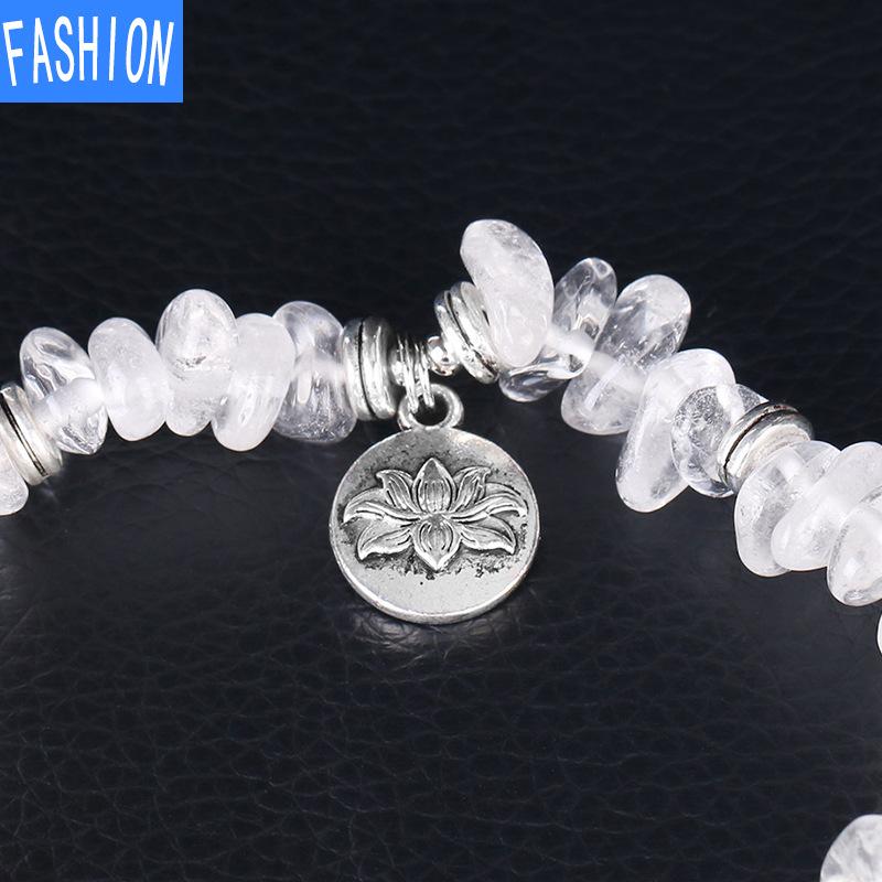Energie naturală Aura Brățară cu cristal alb Cuarț zdrobit lustruit Bijuterii cu pandantiv Lotus din argint antic
