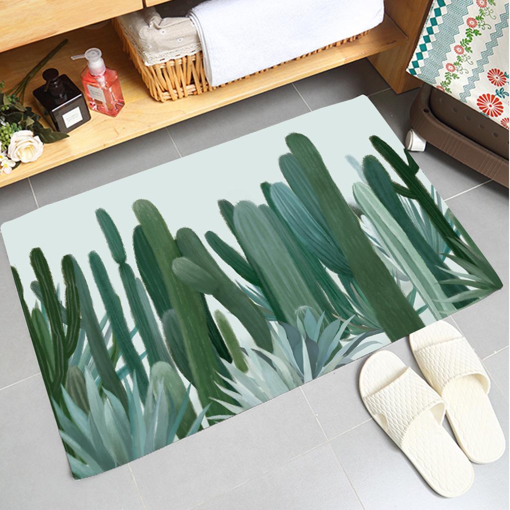 Soft Non-slip Absorbent Flannel Door Mat with Green Plant Design Washable Bathroom Kitchen Rug Home Decoration Carpet