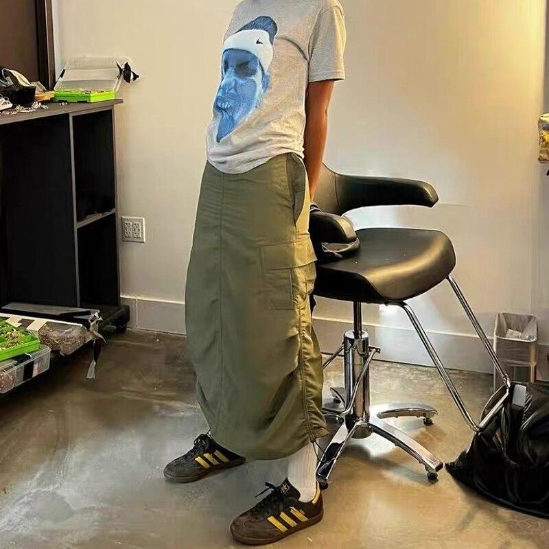 2023 Fashion Retro Straight Skirt Preppy Grunge Streetwear Y2K Vintage High Waist Shirring Long Skirt Women