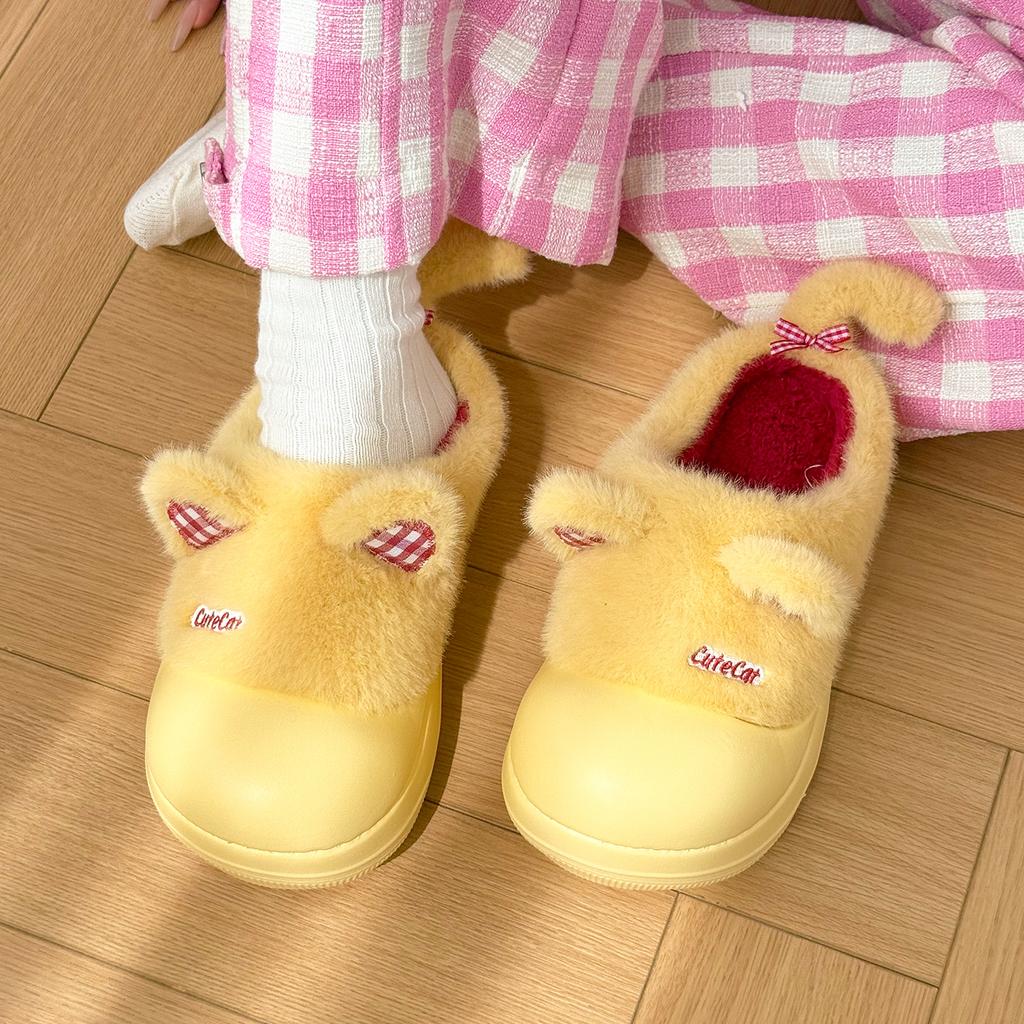 Soft cute cat home cotton slippers female winter student cute bag head waterproof confinement shoes non-slip platform shoes