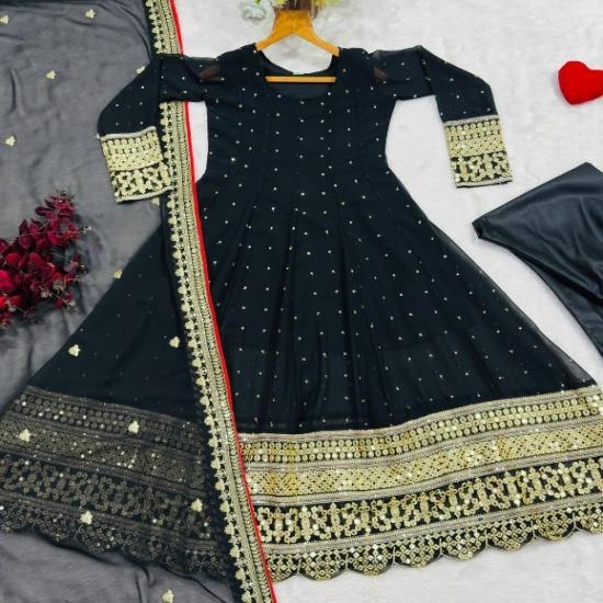 Women's Black Mirror Work Flared Anarkali Gown Set with Dupatta