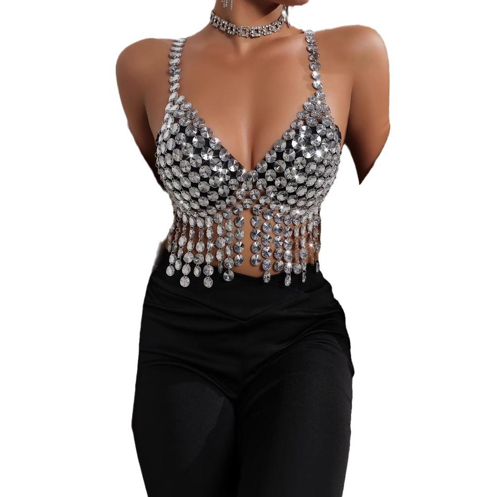Club Festival Outfit Sexy Fashion Acrylic Jewelry Diamond Crystal Pendant Tassel Chest Distinctive Waist Body Chain Top Vest