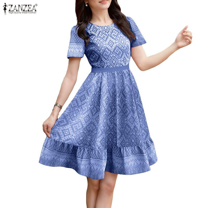 ZANZEA Women Casual Round Neck Summer Short Sleeve Print Dress