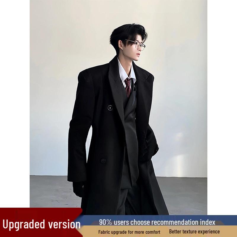 

British-Style Men s Black Padded Shoulder Godfather Coat - Winter Mid-Length, High-End Clean Fit Windbreaker Jacket M (100-115 kg)