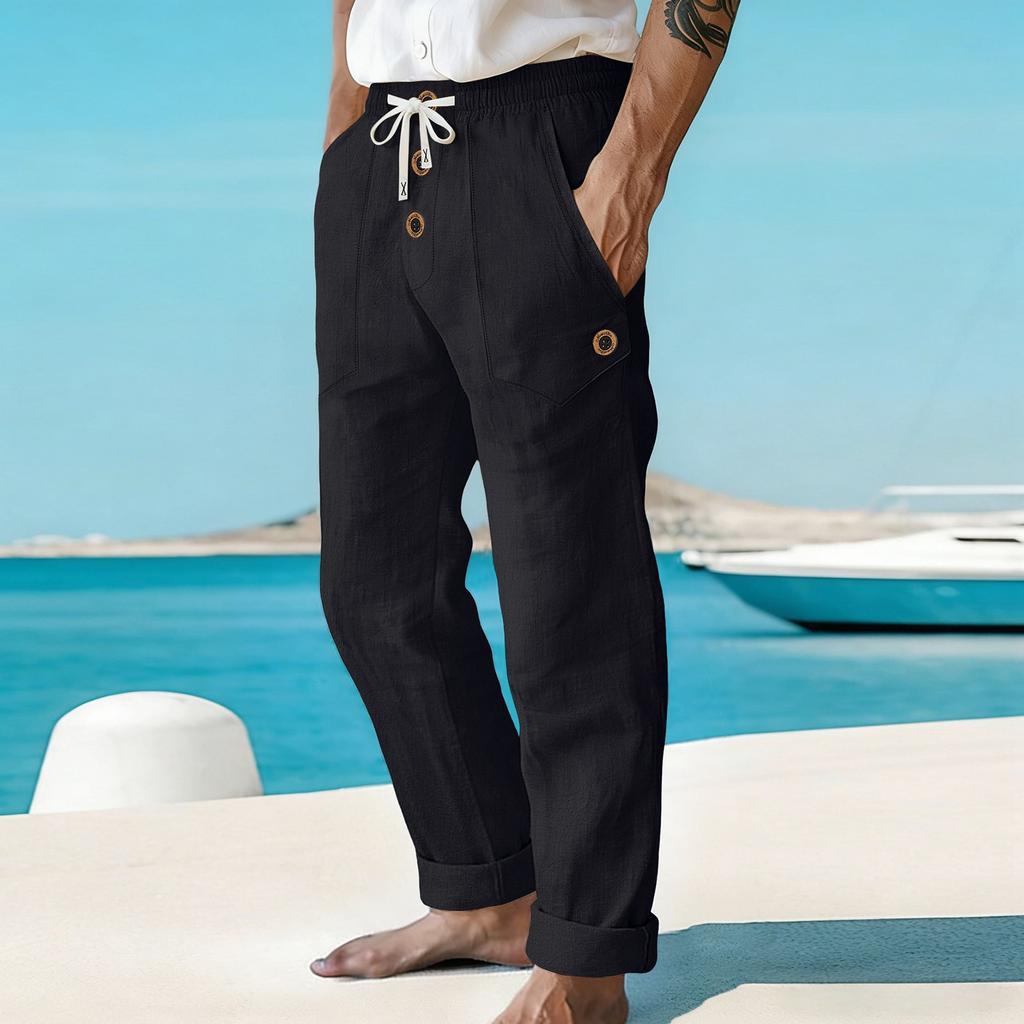 Men's Casual Pants - Large Pocket Drawstring Straight-leg Pants