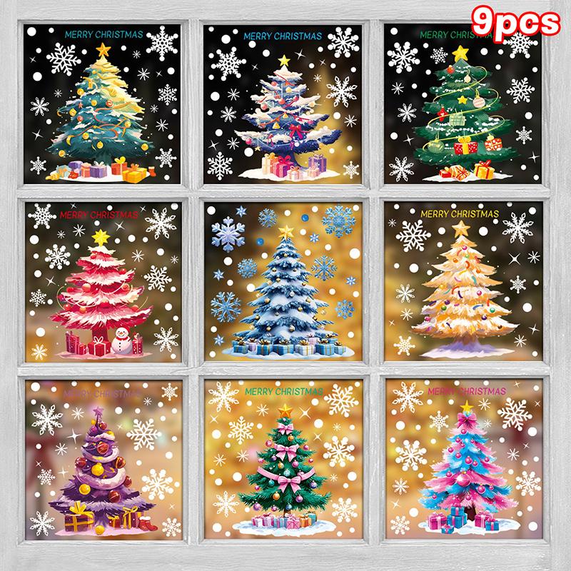 Kreativa juldekaler, Färgglada julgranar, Fönsterdekaler, Snögubbar, Snöflingor, Statisk elektricitetsdekaler