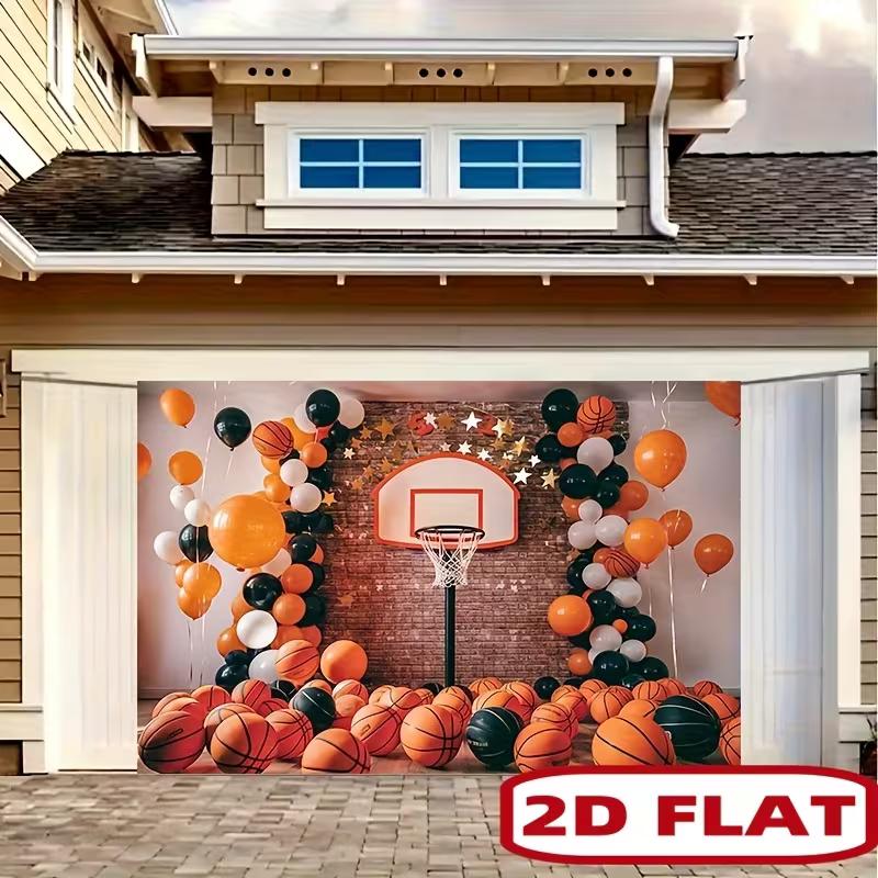 2D Basketball Hoop Backdrop with Orange Black Balloons & Bricks