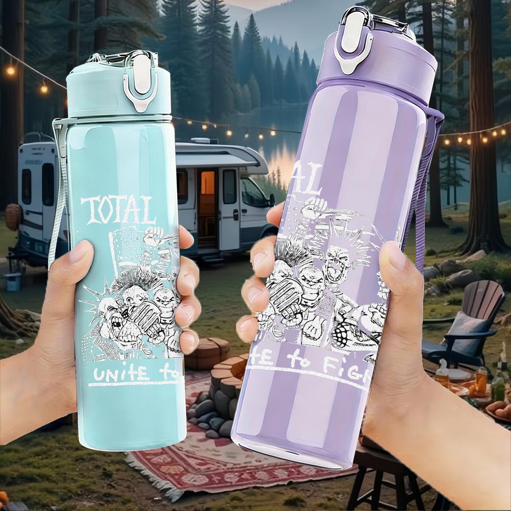 1PC Faint band group grey sketch print 750ml colorful plastic sports water bottle leakproof pop up lid with straw for outdoor work home use