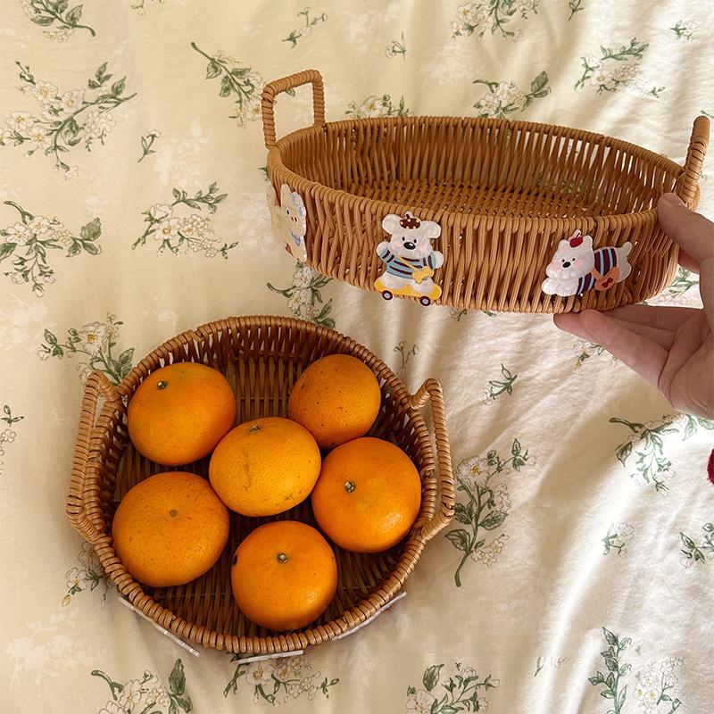 1PC Imitation Rattan Storage Supplies Round Shape Home Storage Tray Party Food Plate Kitchen Handwoven Picnic Food Tray 3 Sizes