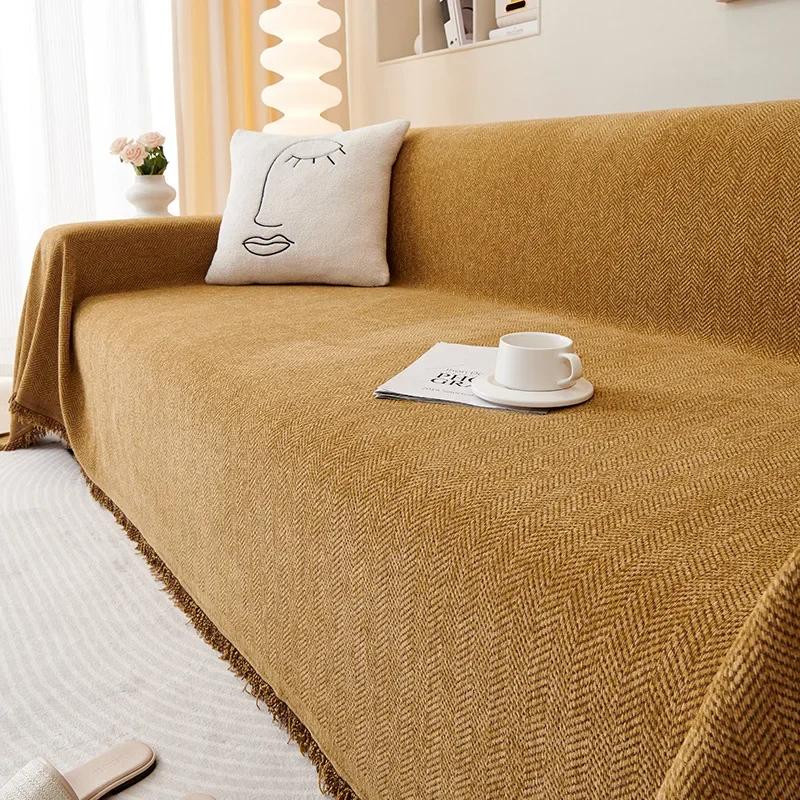 High Quality Waterproof Chenille Sofa Cover Cloth Green Striped Sofa Cushion Four Season Universal 3  Seat All Inclusive Blanket