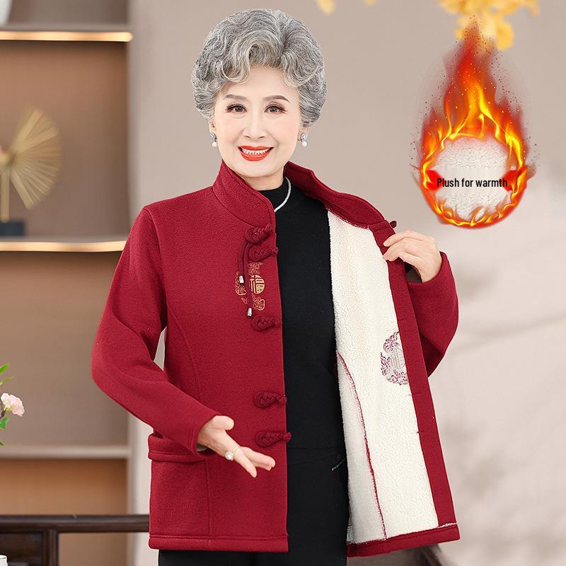 Autumn Outerwear: Tang Suit Top, Knitted Cardigan, and Fleece-Lined Winter Clothes for Middle-Aged and Elderly Women
