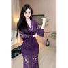 Sexy Pure Desire V-neck Lace Unique Chic Long-sleeved Dress Women's Autumn and Winter New Slim and Thin Hip-wrapped Dress