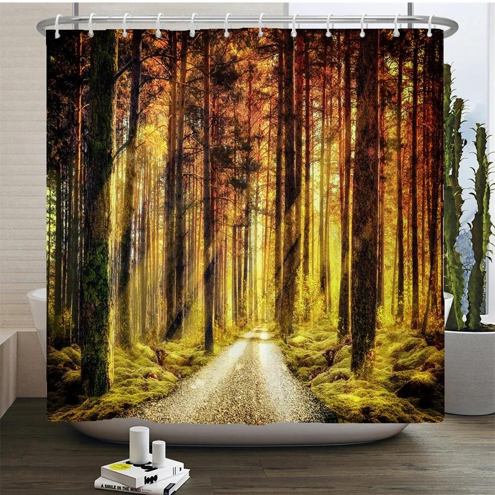 Natural Forest Tree Scenery Shower Curtain Bathroom Waterproof Polyester Fabric Bathroom Curtain 3d Printed Bath Screen Mat