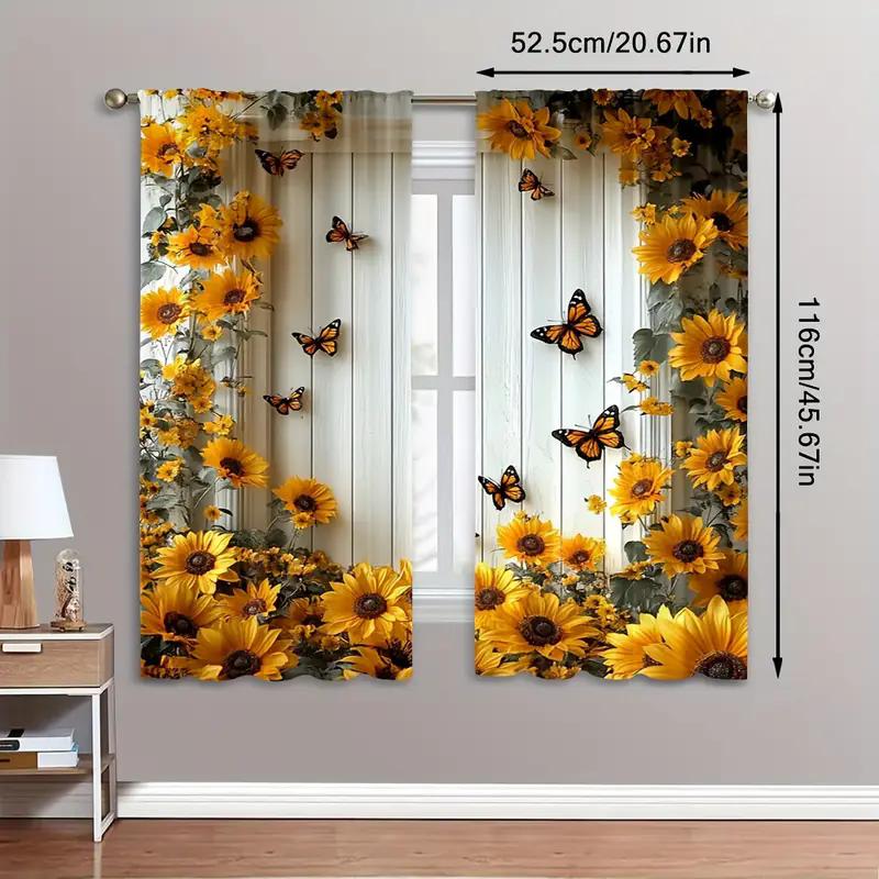 2pcs- Floral and Plant Printed Curtains, Pole Bag Curtains, Bedroom and Living Room, Home Decoration, Room Decoration