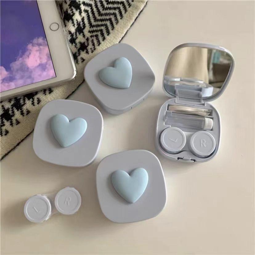 Pink Love Three-Dimensional with Mirror Colored Contact Lenses Case High Sense Girl Cute Macaron Color Ins Invisible Couple Box