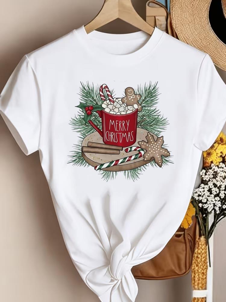 (Asian Size) Style Cute 90s New Year Clothing T Shirt Women Fashion Christmas Festival Tee Top Print Female Woman Short Sleeve Graphic T-shirts