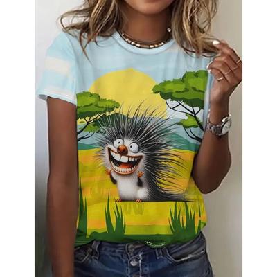 Sommer Rundhals 3D Cartoon Tier Stachelschwein Grafikdruck Top Modische Lässige Kurzarm Damen T-Shirts