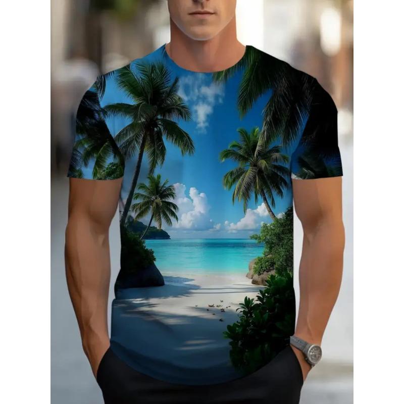 

Большая мужская футболка с тропическим пляжным узором, 3D-печать, мужская футболка с круглым вырезом и коротким рукавом, летняя модная футболка, повседневный удобный универсальный топ 6XL