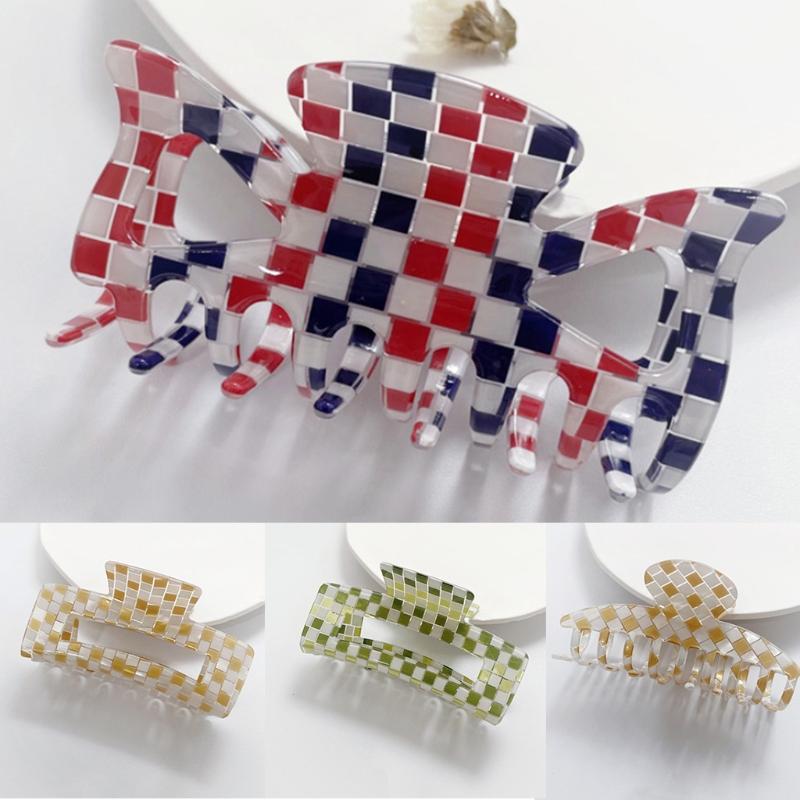 Multicolor Plaid Hair Claw French Design Non Slip Acetate Hollow Hair Barrettes Ponytail Decoration Fashion Hair Props