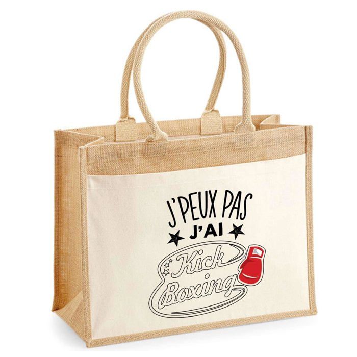 Sac de plage - PLANETEE - Jute avec poche Kick Boxing J'peux pas - Coton - Multicolore - 43x33 cm