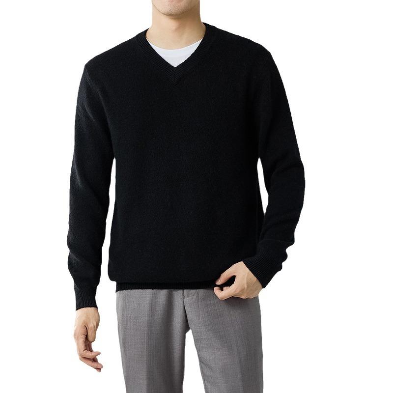 2025 New Thickened V-neck Cashmere Sweater Classic Simple Warm Knitted Sweater Solid Color Wool Sweater