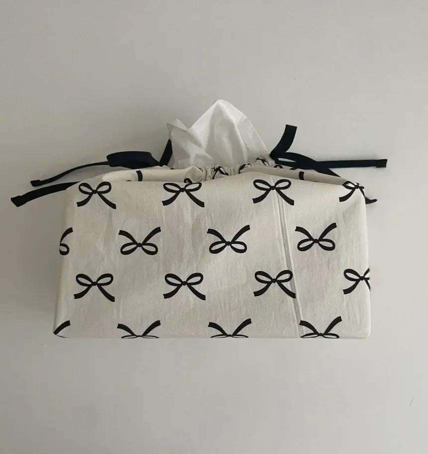 1pc Ribbon Drawstring Adjustable Tissue Bag Home Kitchen Fabric Tissue Box Fashionable Practical Home Decoration Essentials