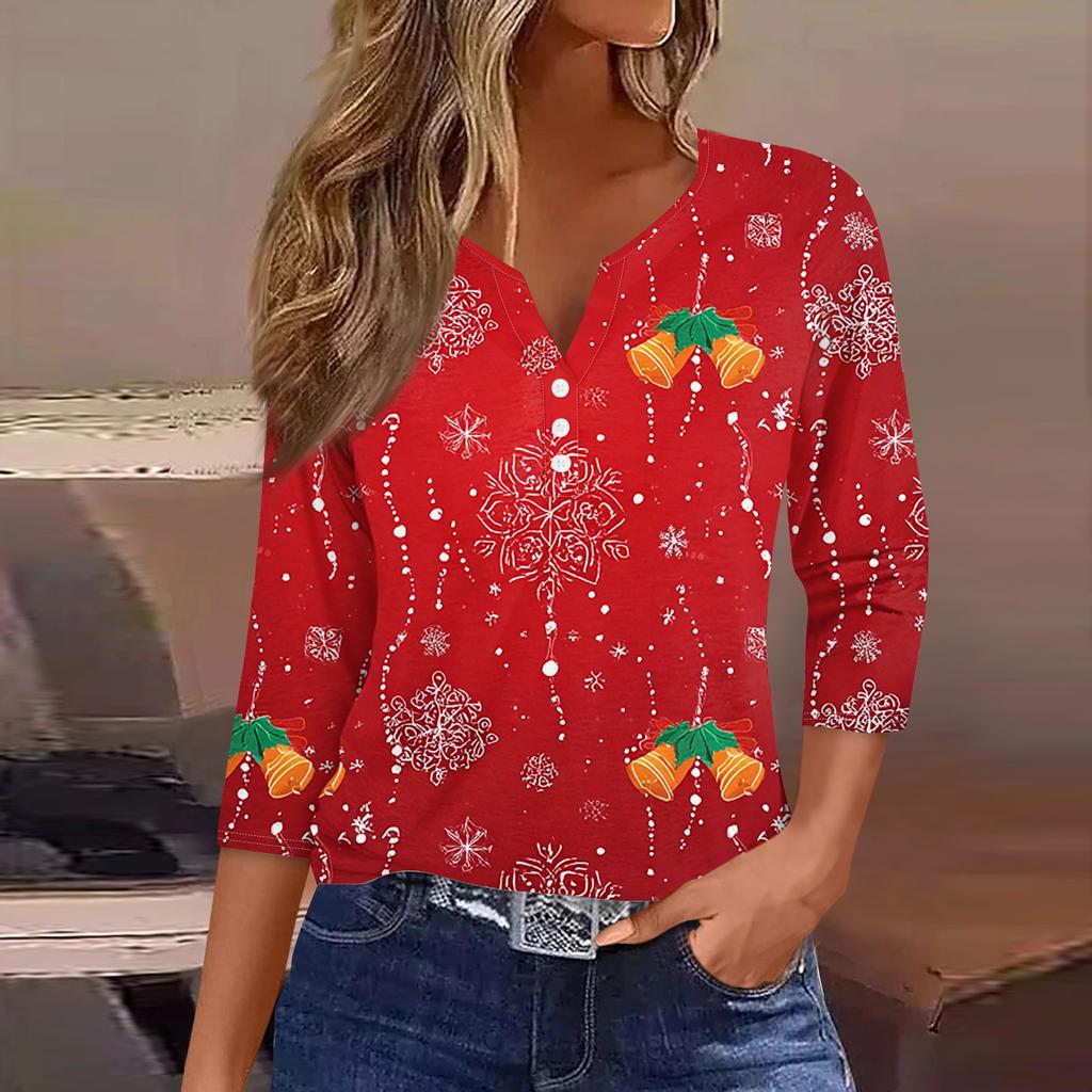 Damenmode Lässig Halloween Bedruckt V-Ausschnitt Kurzarm Zierknopf Dreiviertelarm T-Shirt Top