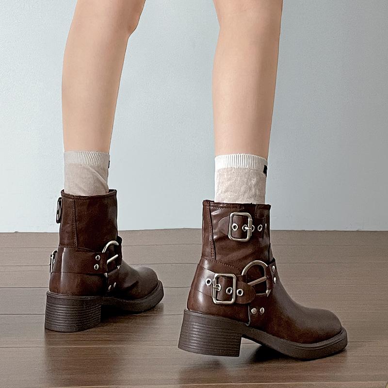 Vintage Women Ankle Boots British Style Belt Buckle Shoes Autumn Winter Short Booties  De Mujer