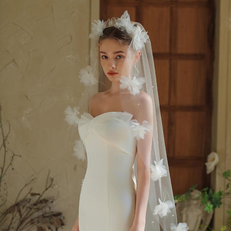 Flower Beaded Veil Wedding Veil Bridal Shower Headwear Photoshooting Accessory